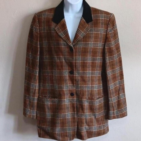 Chaus Jackets & Blazers - Cottagecore 100% Lambswool Plaid Jacket Vintage Button Coat Black Brown Academia